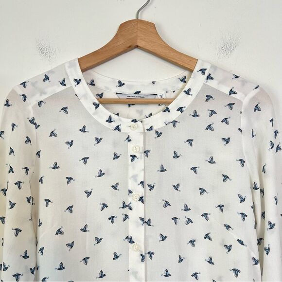 & Other Stories Bird Print Long Sleeve Button Up Shirt Blouse Size 4 in White - Picture 4 of 9